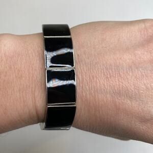 Women’s Stretch Bracelet Silver-Tone w/ Black Enamel Rectangles EUC OS
